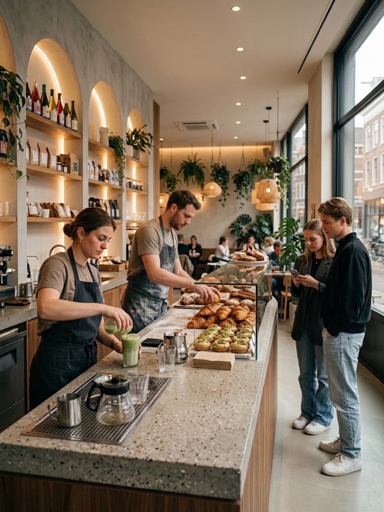 Barista schenkt een iced matcha in, croissants en pistache-gebak in de vitrine, twee klanten wachten