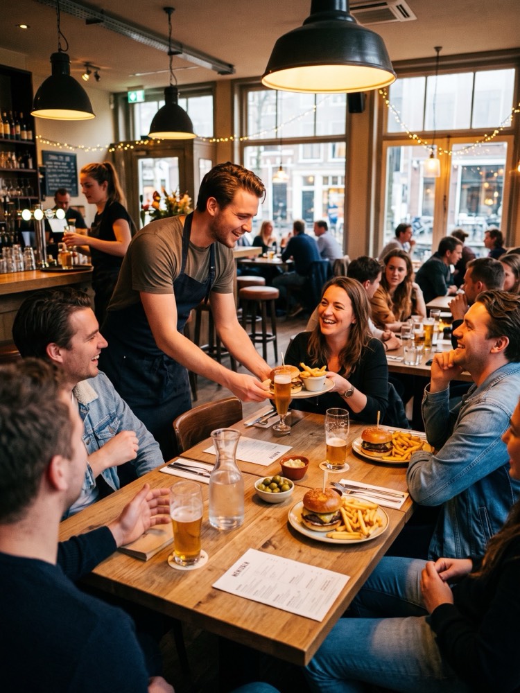 Bediening neemt aan tafel een bestelling op in een gezellig restaurant
