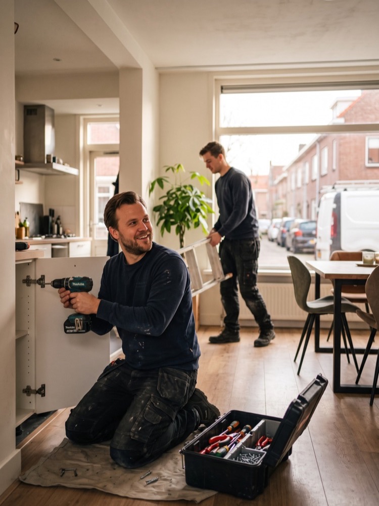 Klusjesman zet een keukenkastje vast in een woonkamer, zijn collega draagt een trap naar binnen, de bus staat voor de deur
