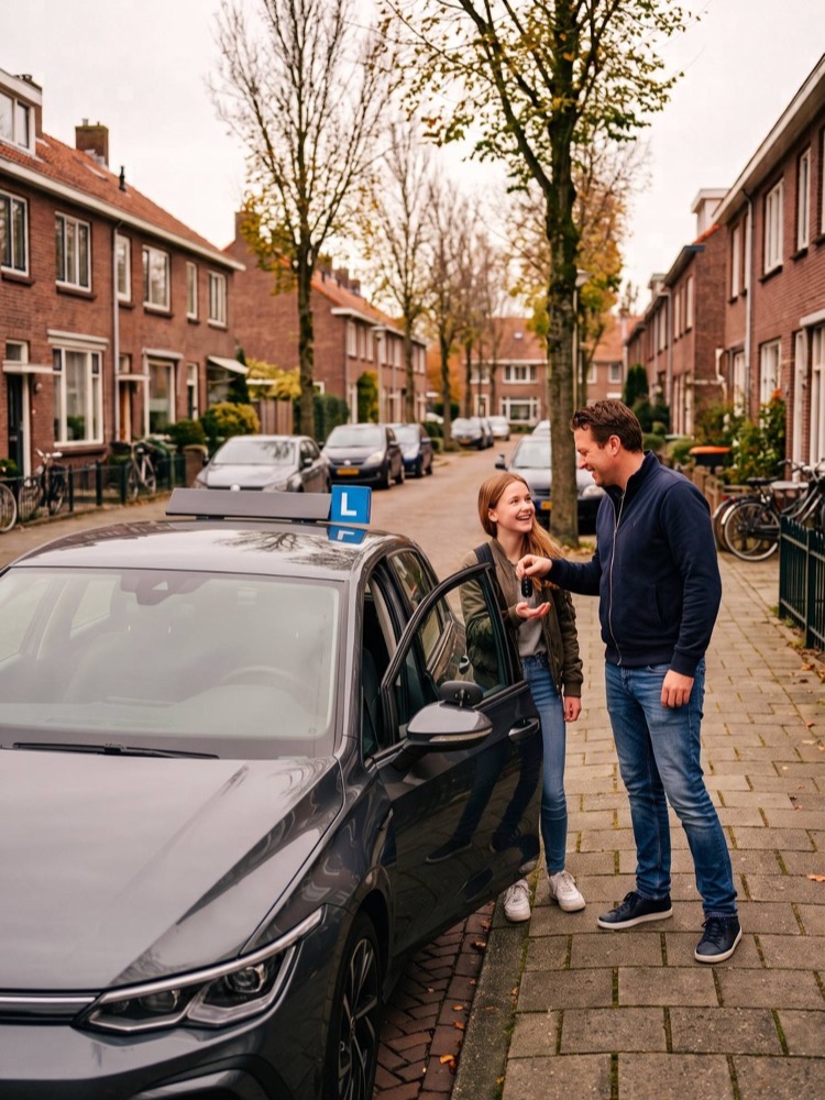 Rij-instructeur geeft de autosleutel aan een leerling bij de lesauto in een Nederlandse straat