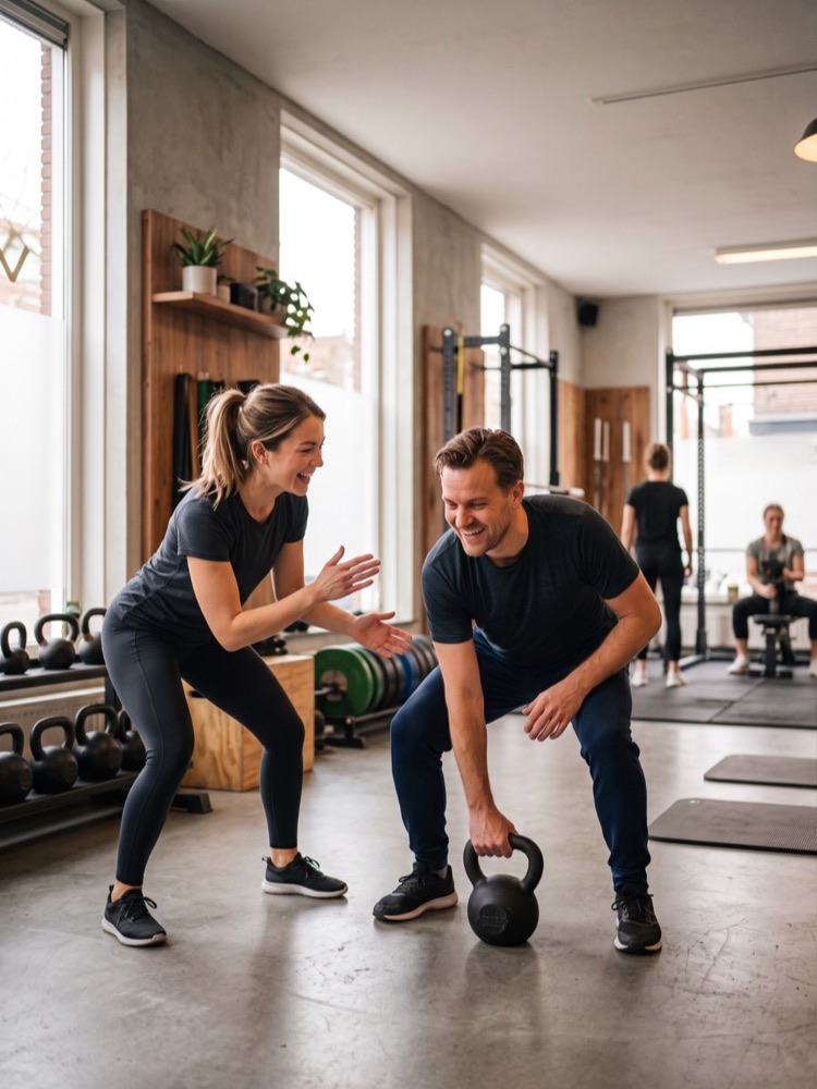 Personal trainer moedigt een klant aan bij een kettlebell-oefening in een lichte sportschool