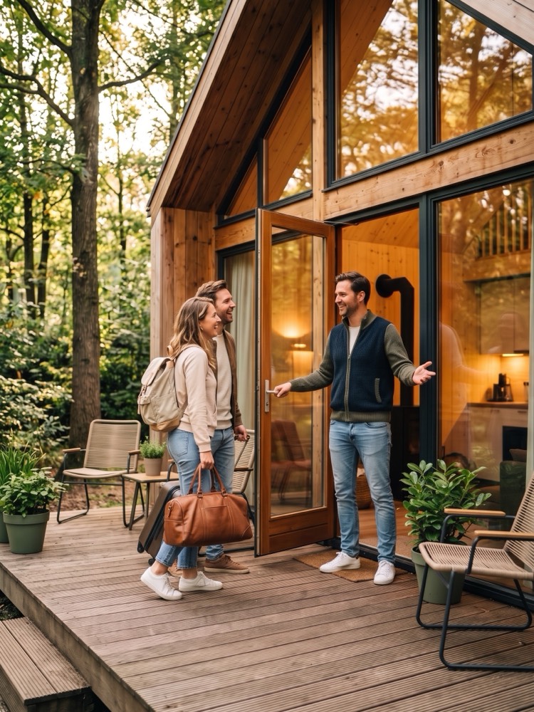 Lichte woonkamer van een vakantiehuis met open deur naar het terras