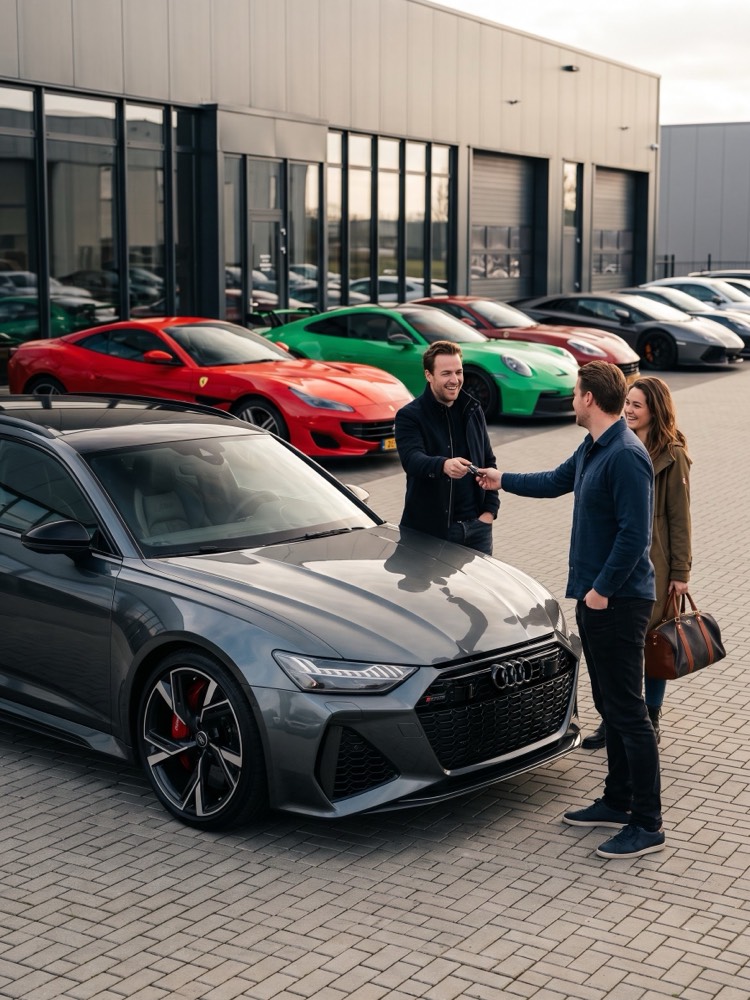 Zwarte Audi RS6 Avant voor de deuren van een garage